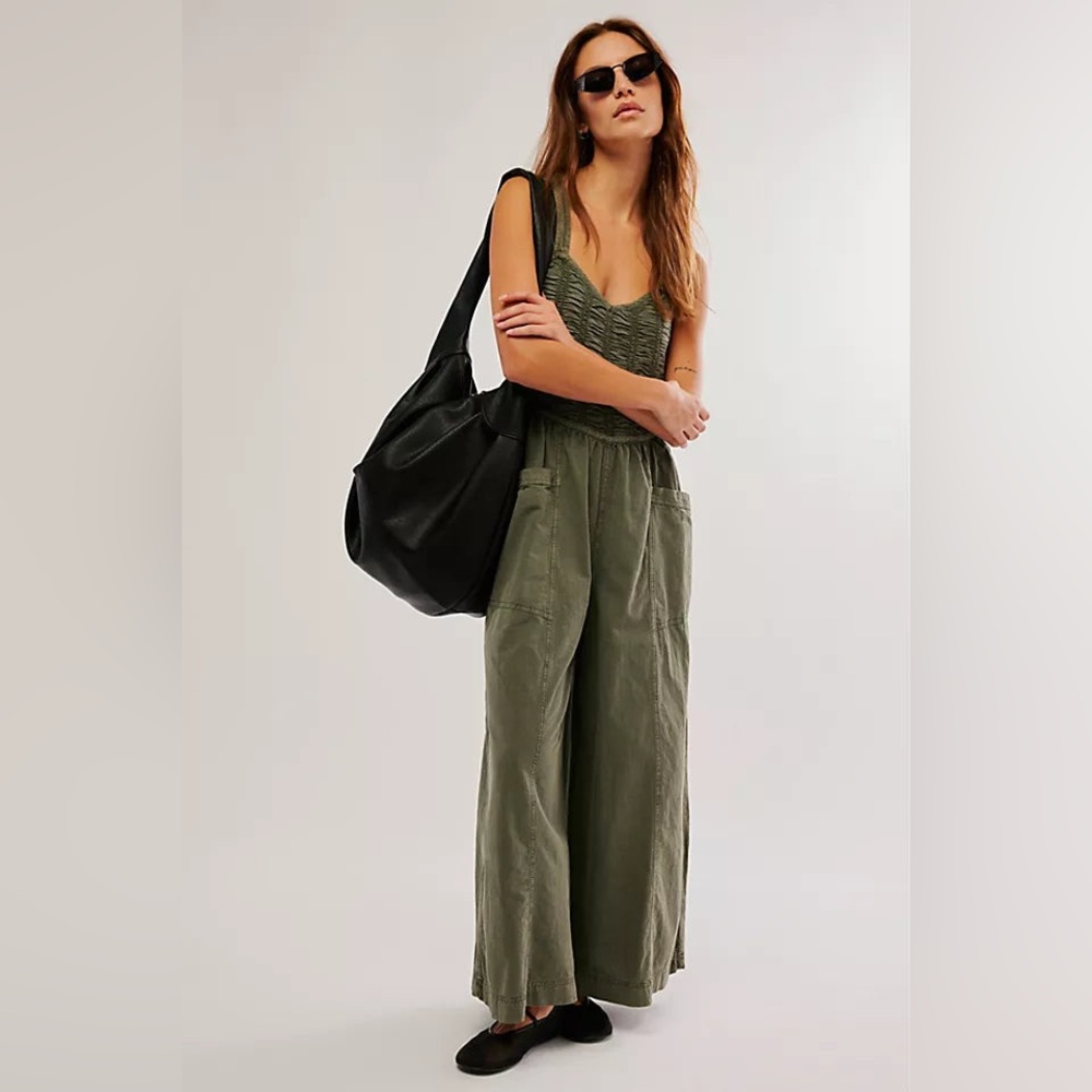 Free People Olive Green Wide-Leg Back-Tie Jumpsuit - Picture 2 of 7